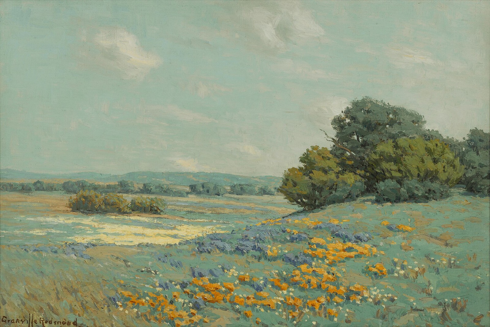Painting of a hillside covered in orange California poppies under a pale sky